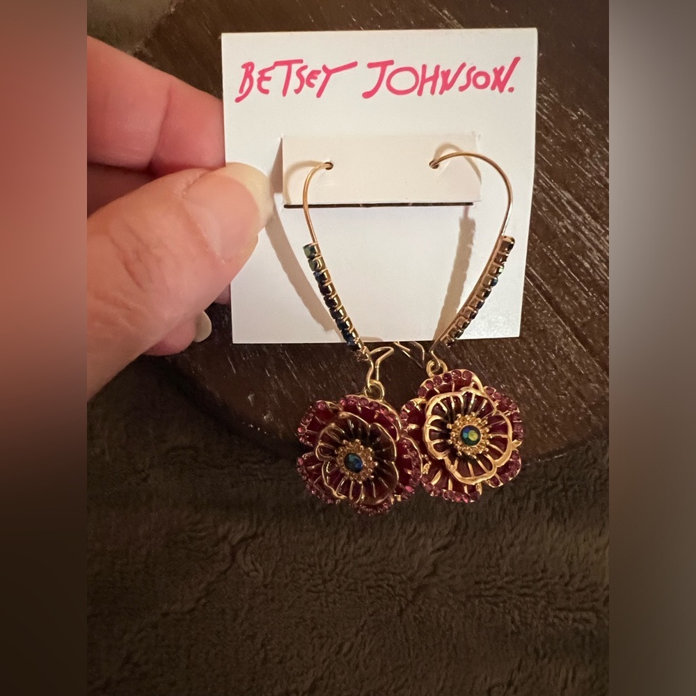 Betsey Johnson Gold and Red Floral Rhinestone Earrings.